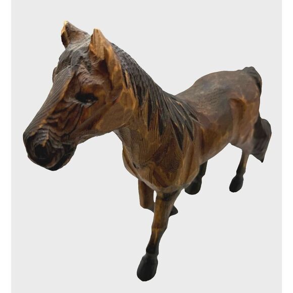 Vintage Folk Art Hand-Carved 11" Wooden Horse with glass eyes - Picture 2 of 8